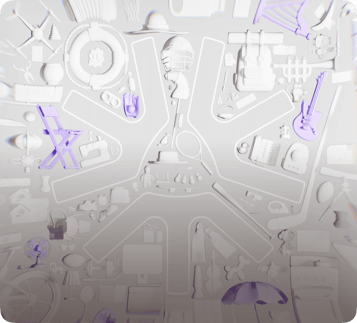 White 3D models with purple accents laid out in a radial pattern