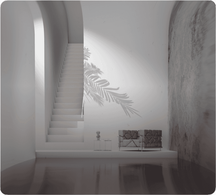 3D render of a white room with a staircase and a bench