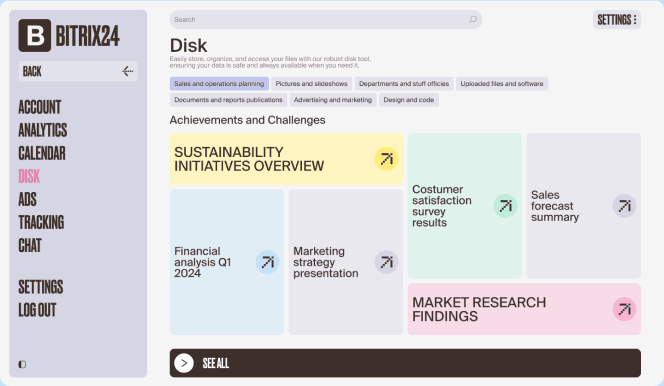 Disk screen with files grouped into achievements and challenges