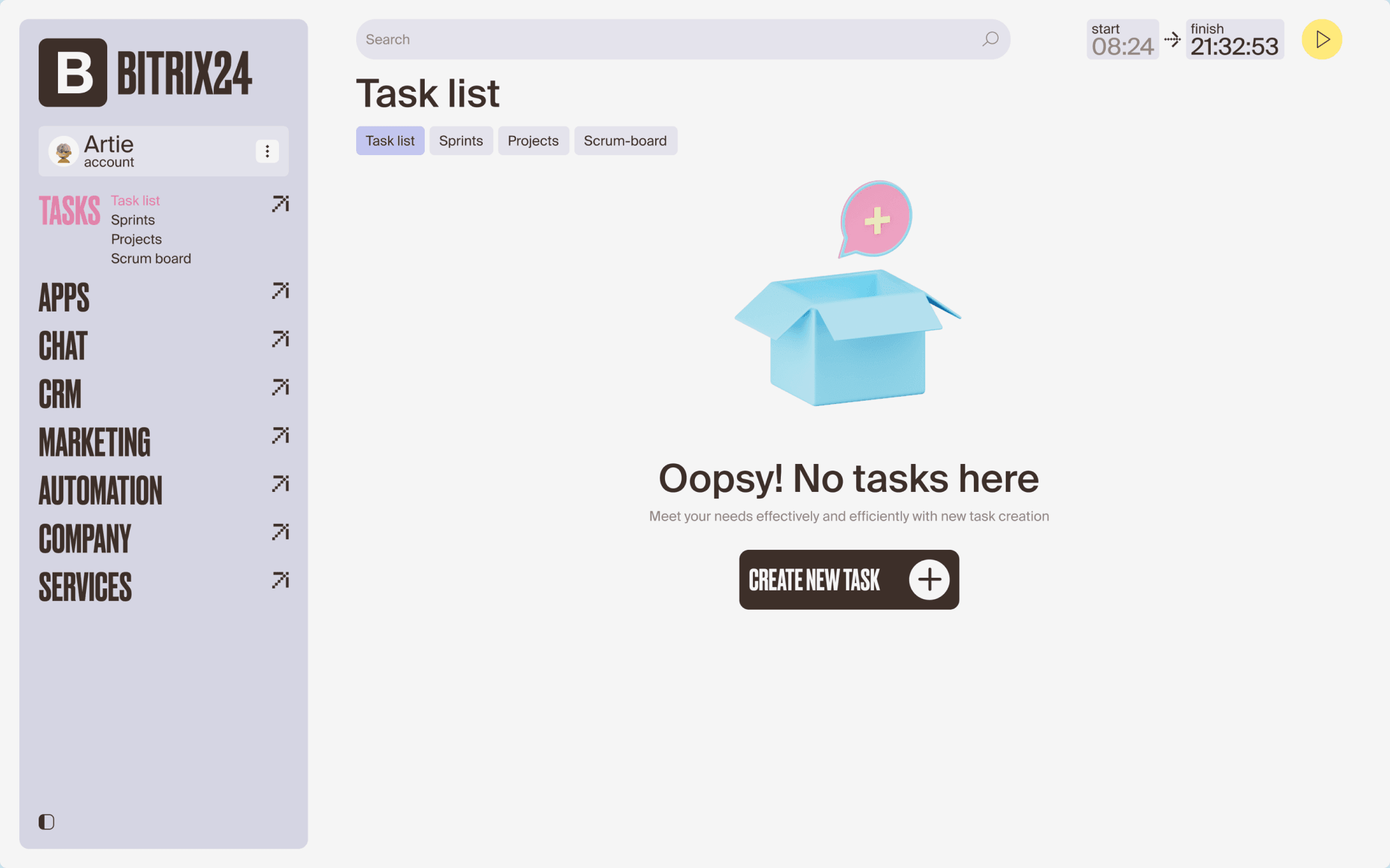 Empty task list with an open box and a Create new task button