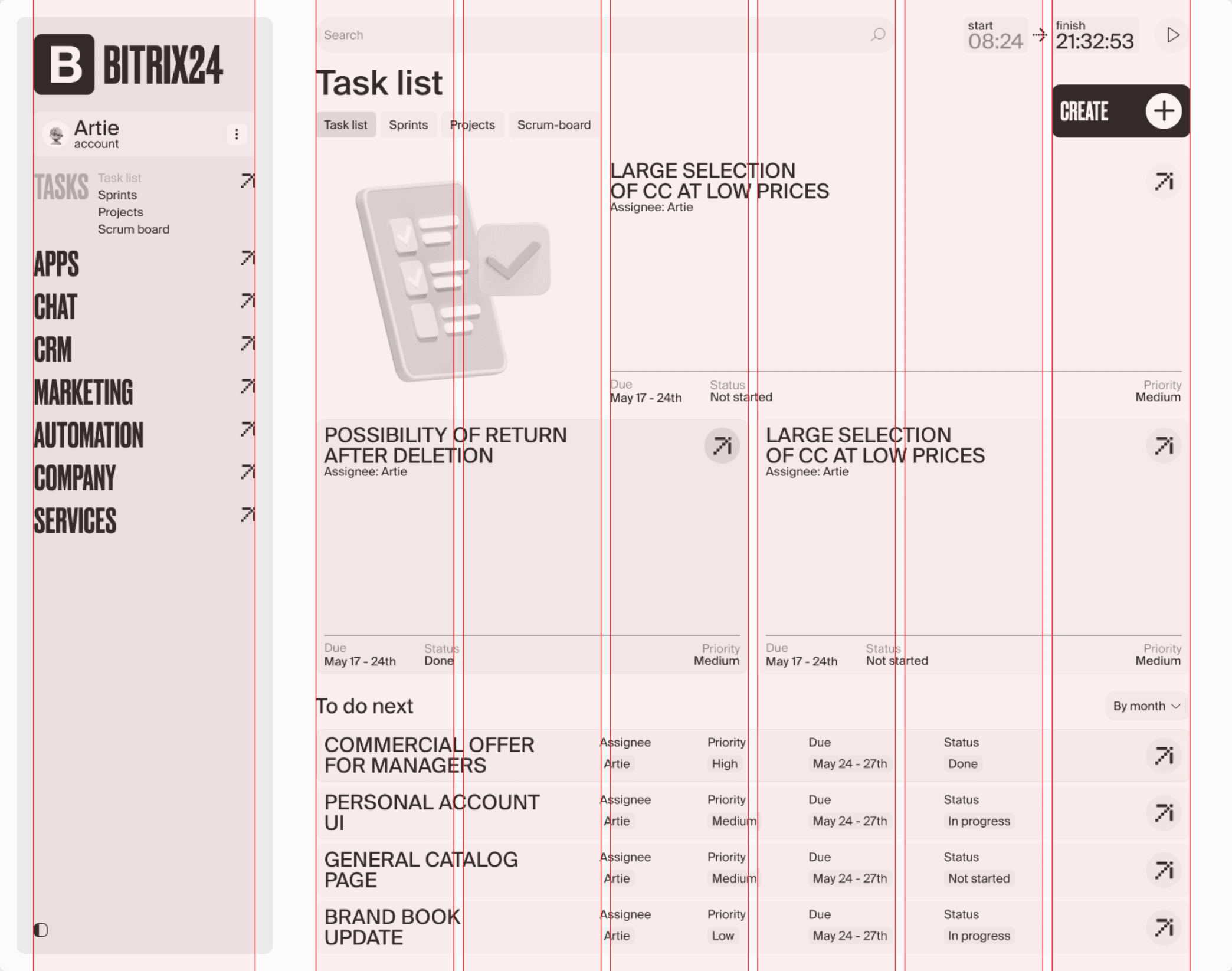 Task list screen with the layout grid on top