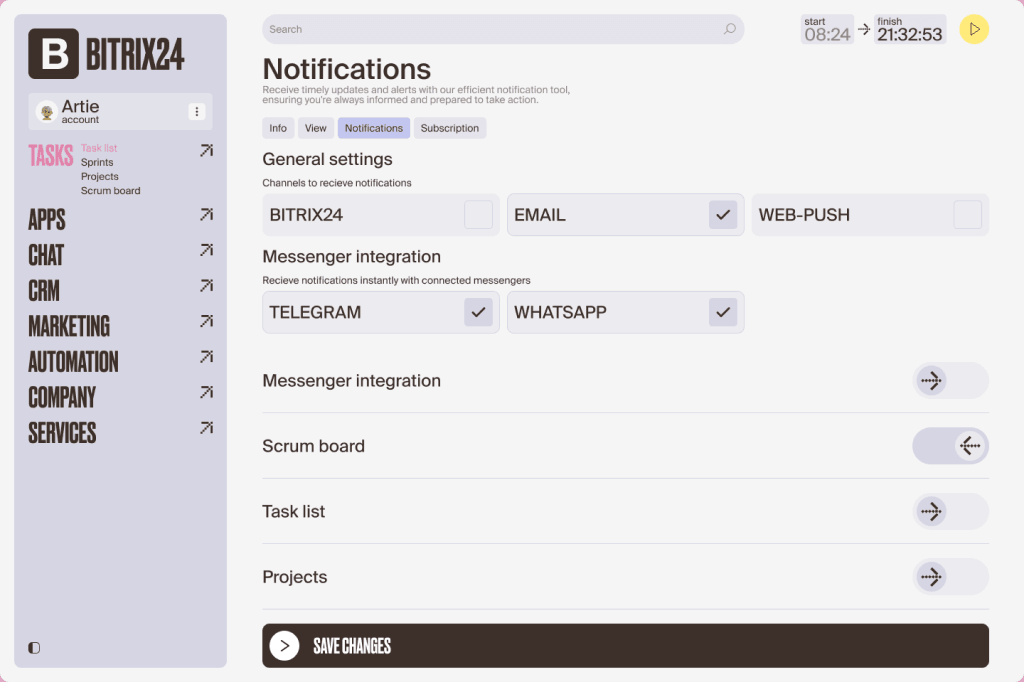 Notification settings with delivery channels and messenger integrations