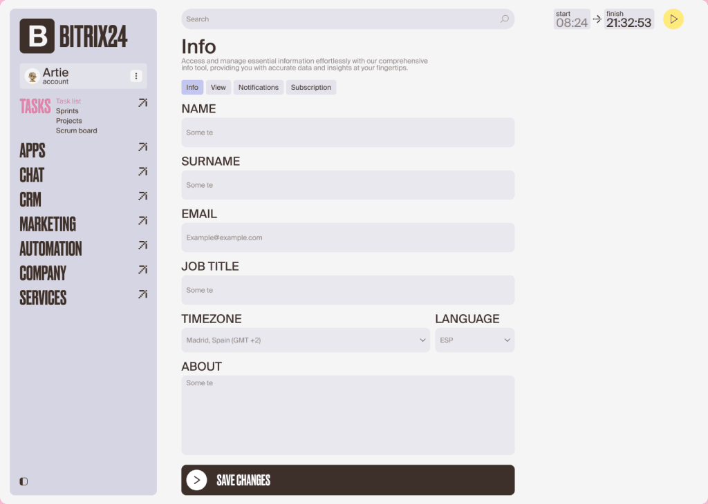 Personal info form with name, email, job title, time zone and language