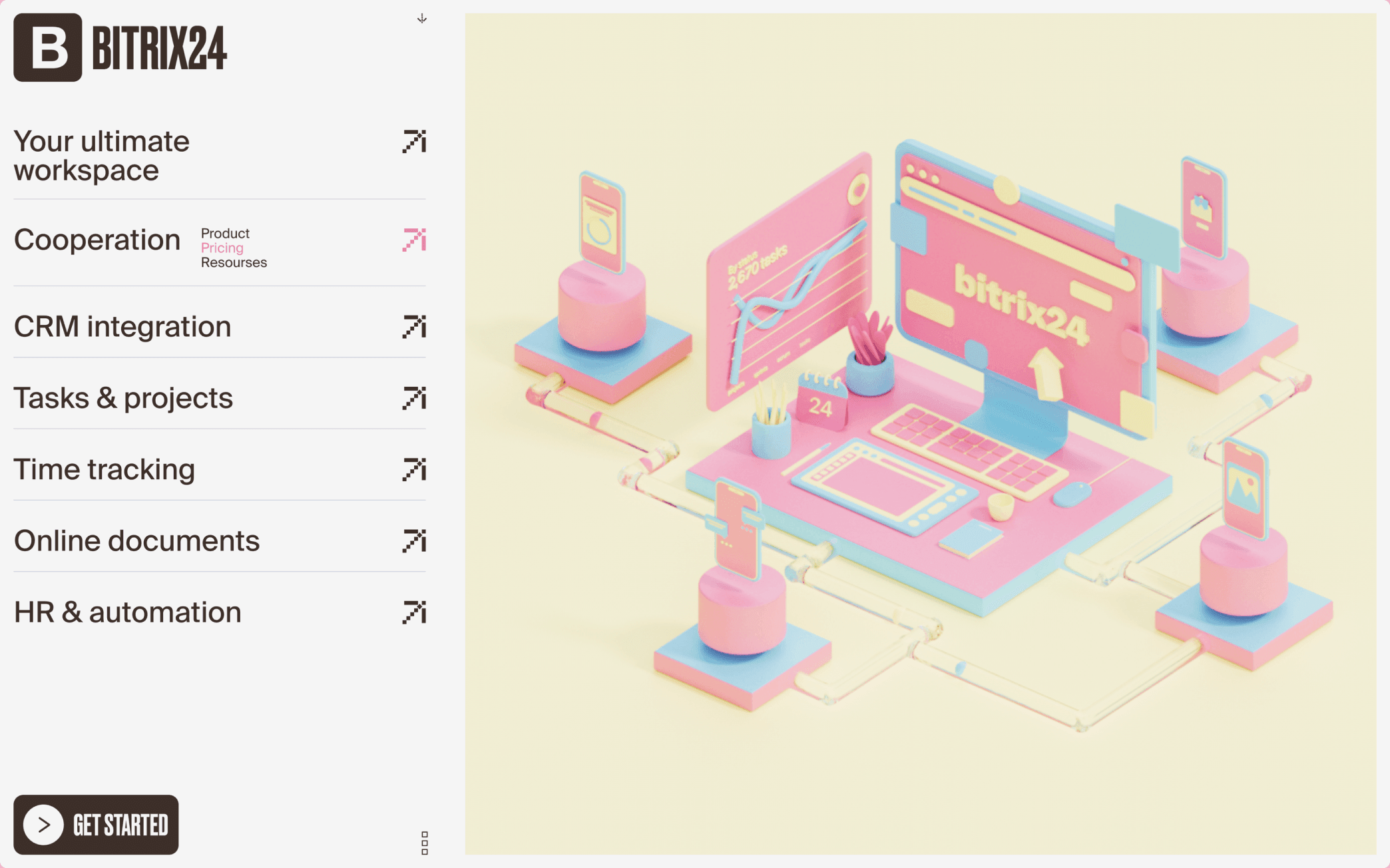 Product page with a feature menu and a 3D illustration of the workspace