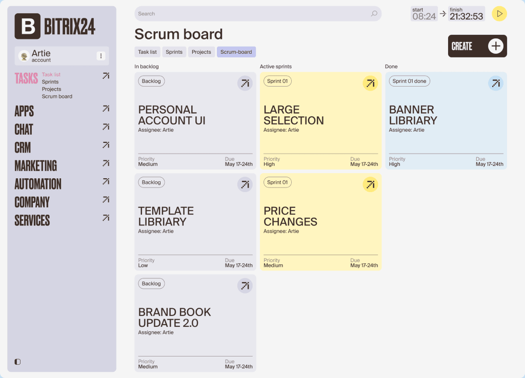 Scrum board with backlog, in-progress and done columns