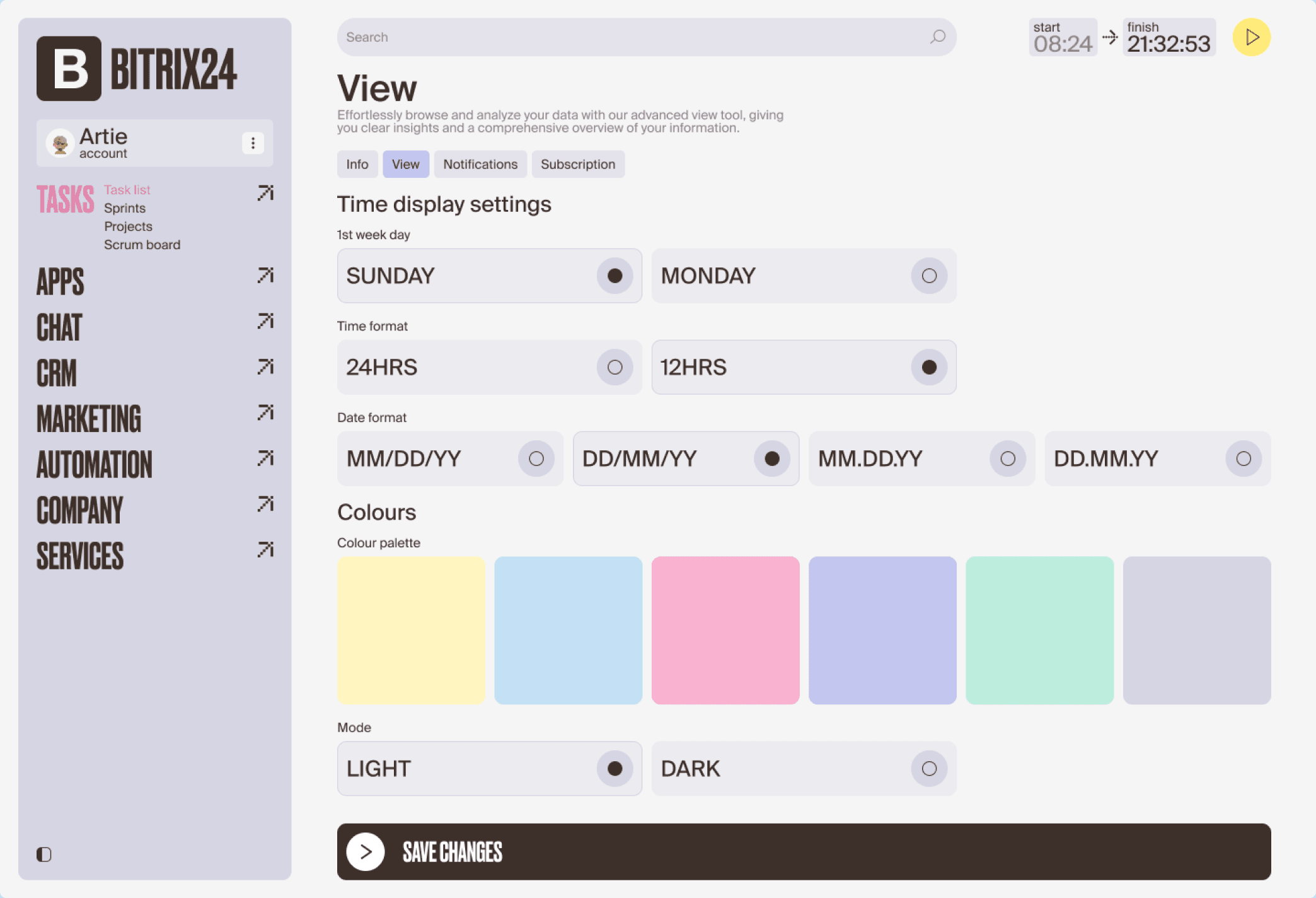 View settings with date format, colour palette and light or dark mode