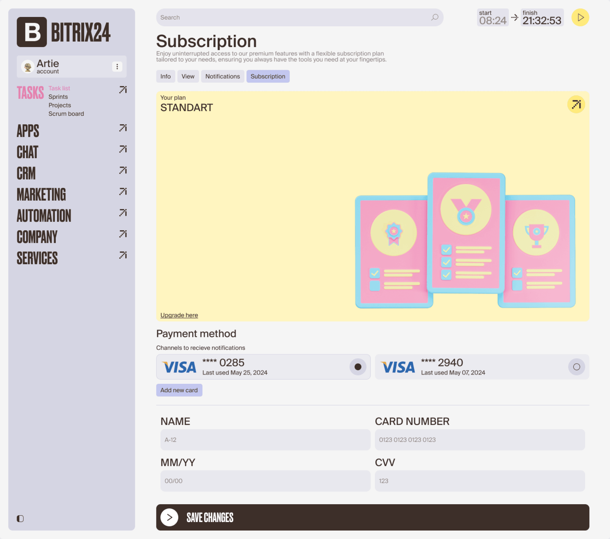 Subscription settings with the current plan, saved cards and a payment form