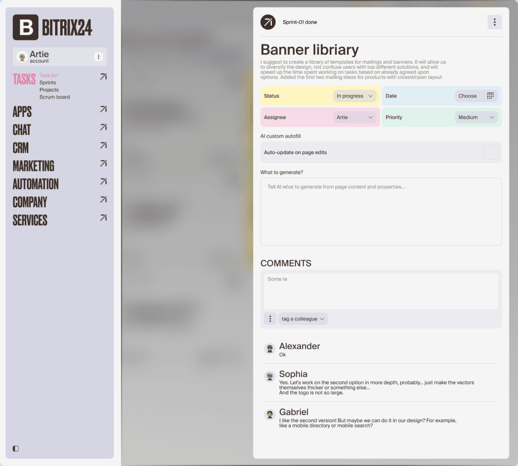 Task details panel with status, assignee, priority and comments