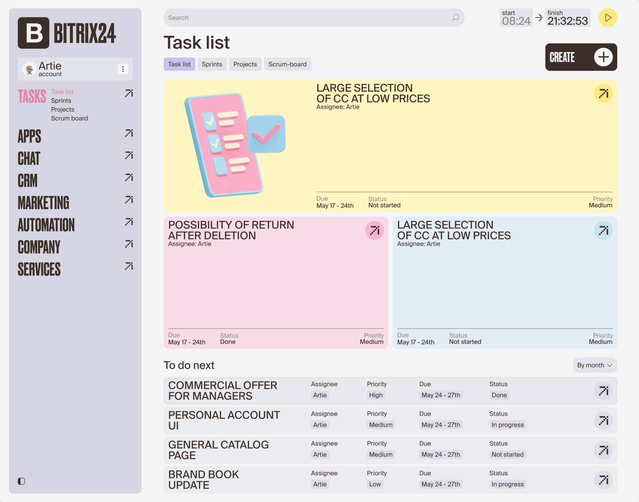 Task list with large task cards, view tabs and a To do next table