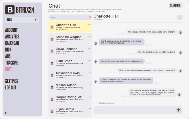 Chat screen with a list of colleagues and an open conversation