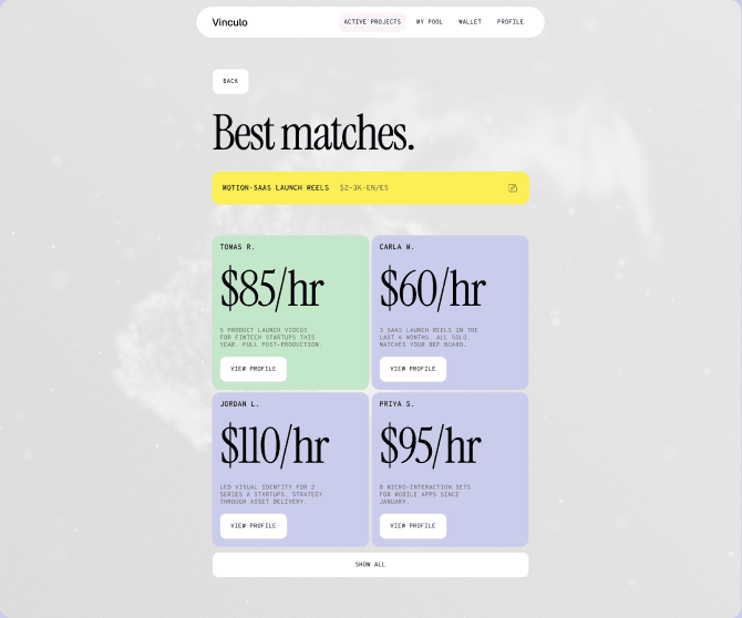 Best matches screen with four designer cards and their hourly rates