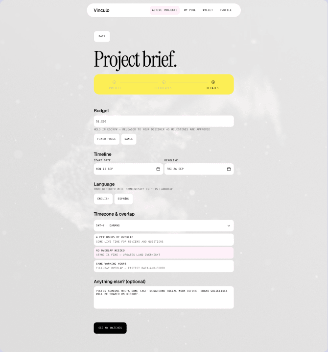 Project brief form with budget, timeline, language and time overlap