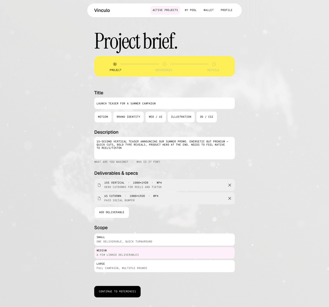 Project brief form with the project type, audience, deliverables and scope