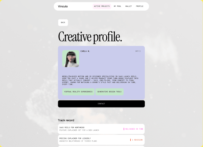 Designer's creative profile with portfolio and reviews