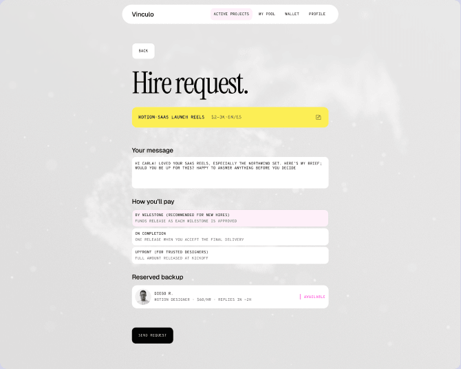 Hire request with a message, payment schedule and a reserved backup designer