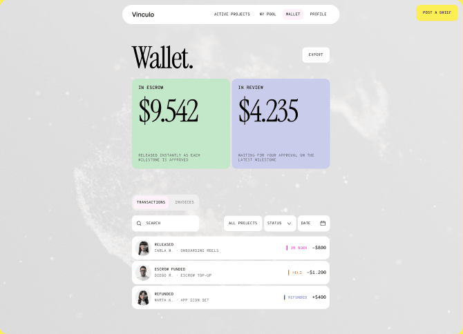 Wallet screen with two balances and recent payments