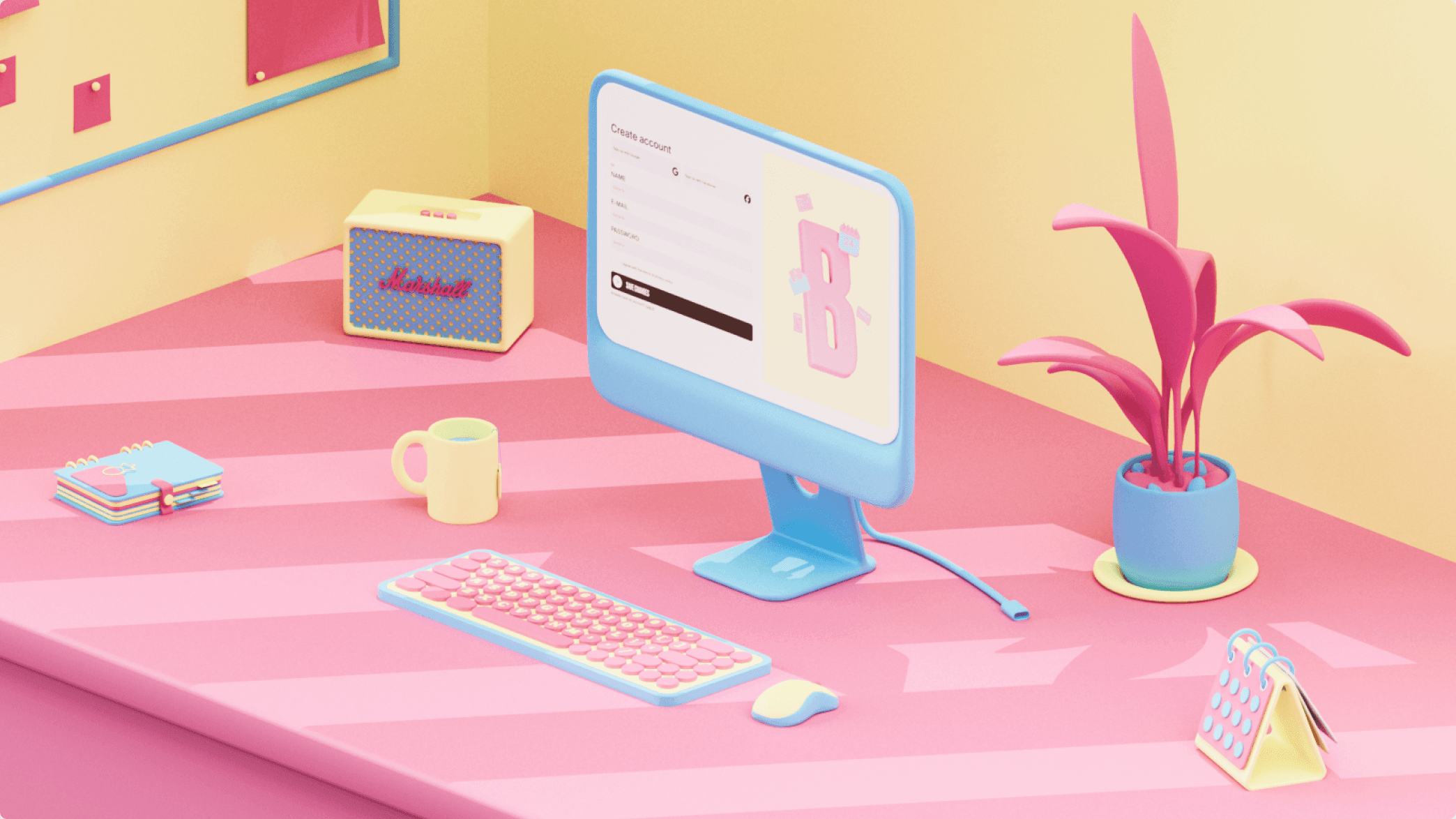 3D render of a pink and yellow workspace with a monitor, keyboard and a plant