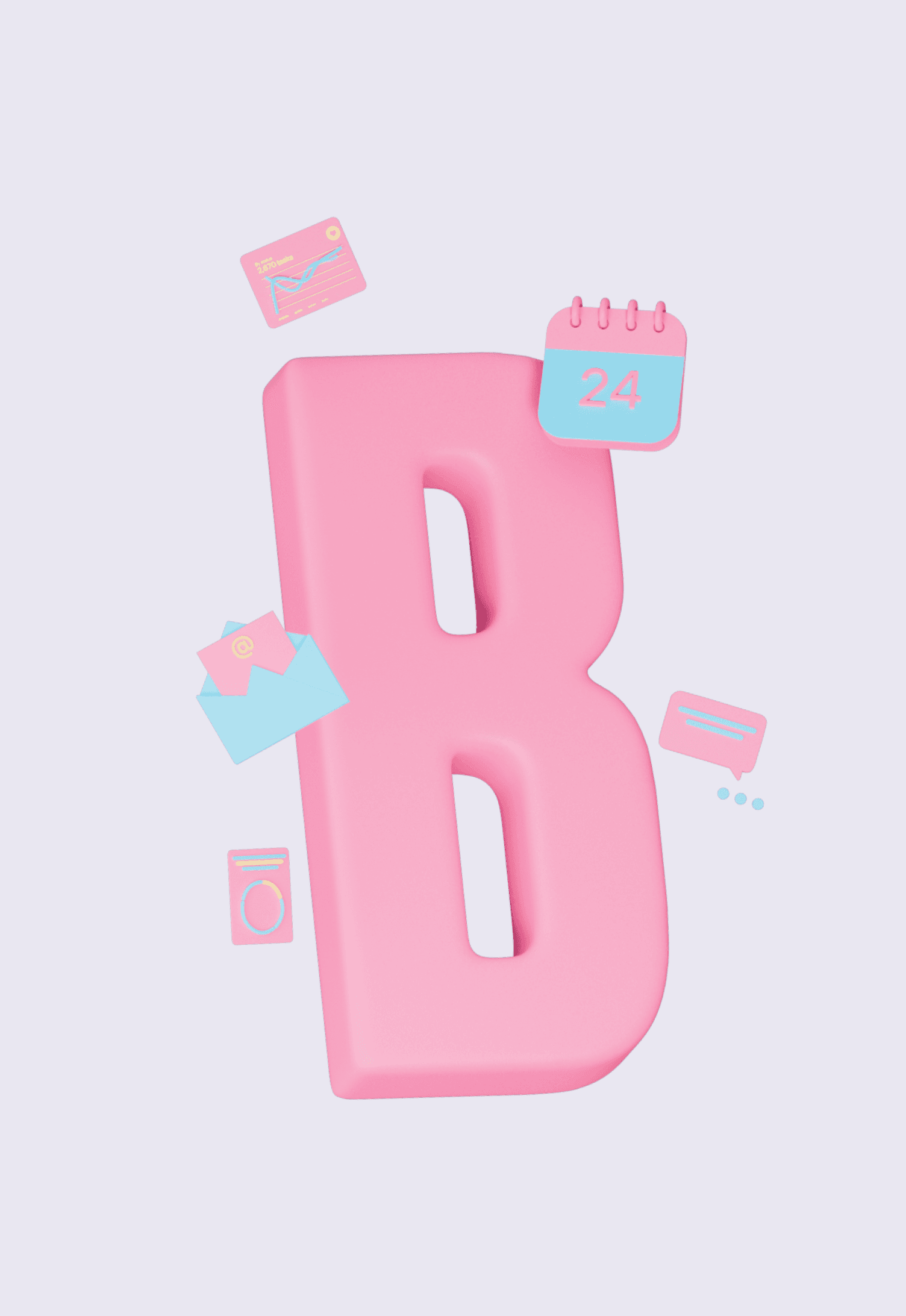 Bitrix24 redesign poster: a pink 3D letter B with floating calendar and chat icons