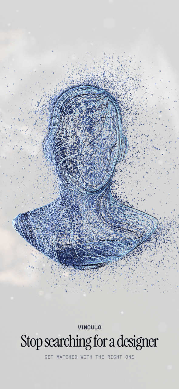 Vinculo poster: a bust made of blue particles above the line Stop searching for a designer