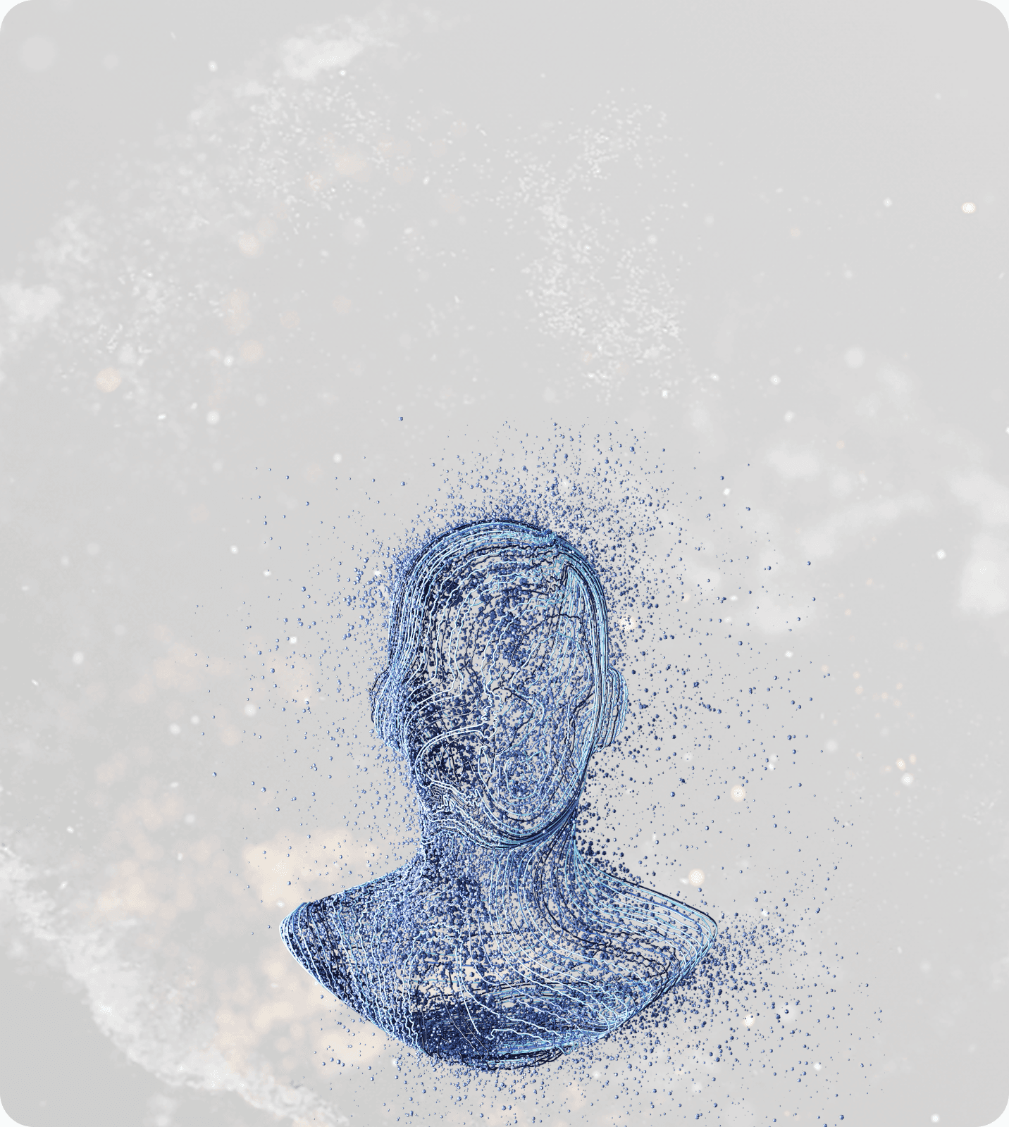 Two busts made of blue and green particles on a pale grey background
